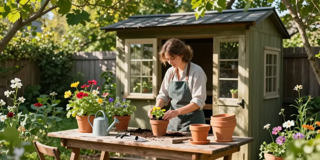 Garden potting sheds with a gardener tending to potted plants in a lush backyard.